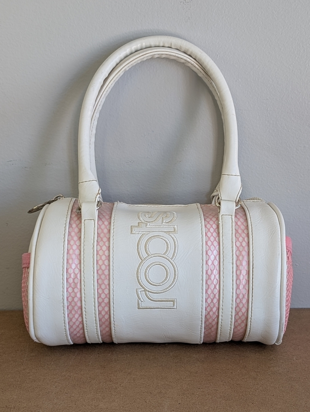 Vintage Y2K Roots Cylinder Purse, White Poly w Pink Mesh, Barrel Bag Mini Duffle